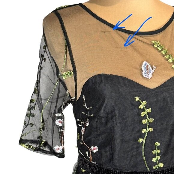 NWT JJ'S HOUSE Floral Midi  Dress Sz.S Black Mesh Embroidered Fit & Flare Event - Picture 8 of 10